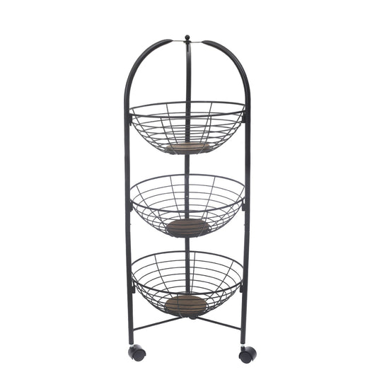 3-Layer Vegetable Trolley – Black Metal Storage Rack with Wheels
